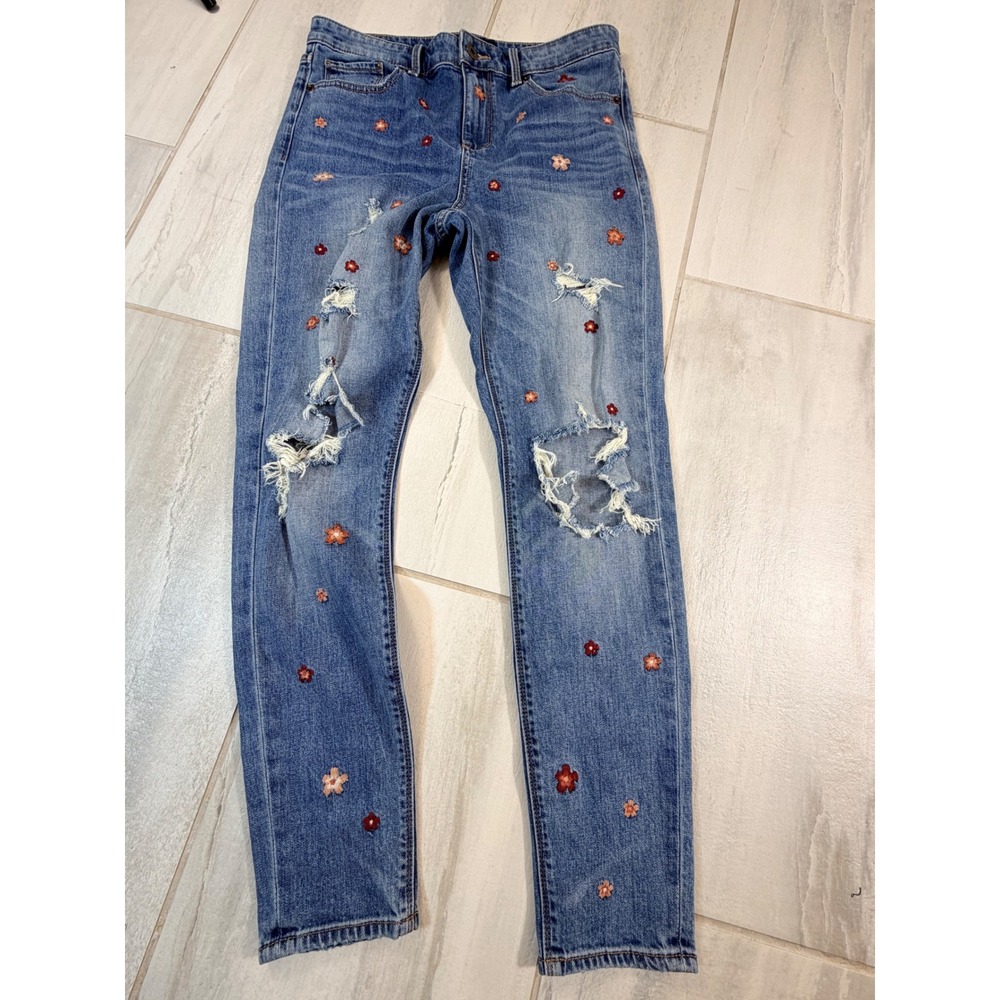 Lucky Brand Bridgette Skinny Jeans Womens 6 Blue Floral Embroidered Distressed